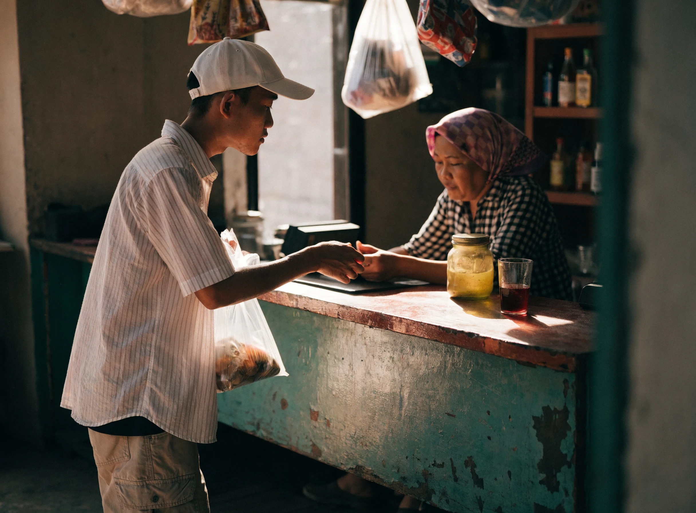 Pelanggan membeli di kaunter kedai runcit kecil Malaysia