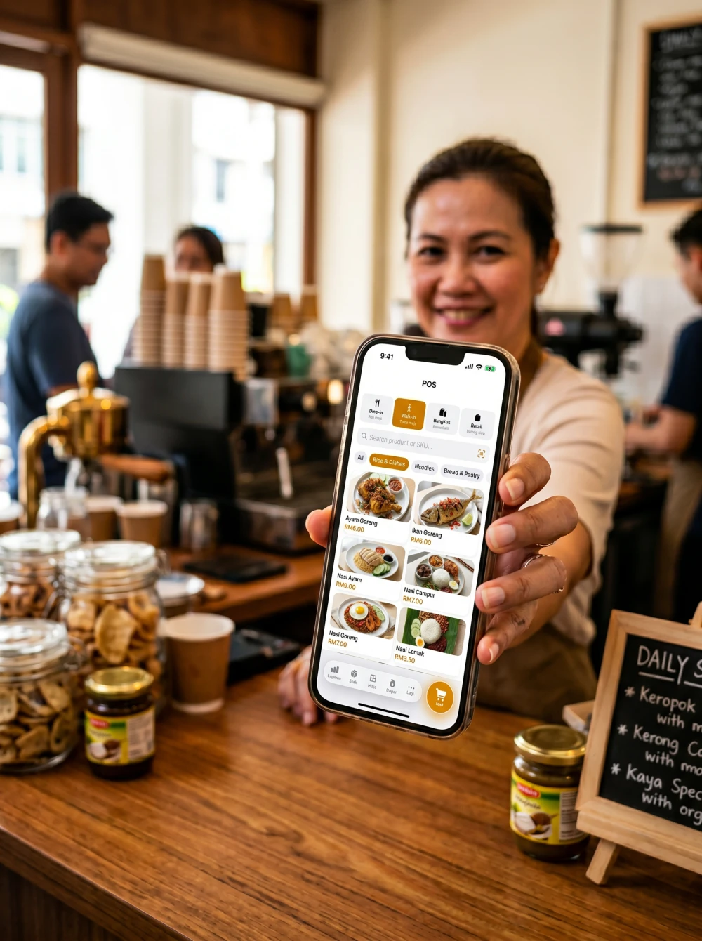 Skrin POS Pitis sebenar pada iPhone dipegang pemilik kafe Malaysia