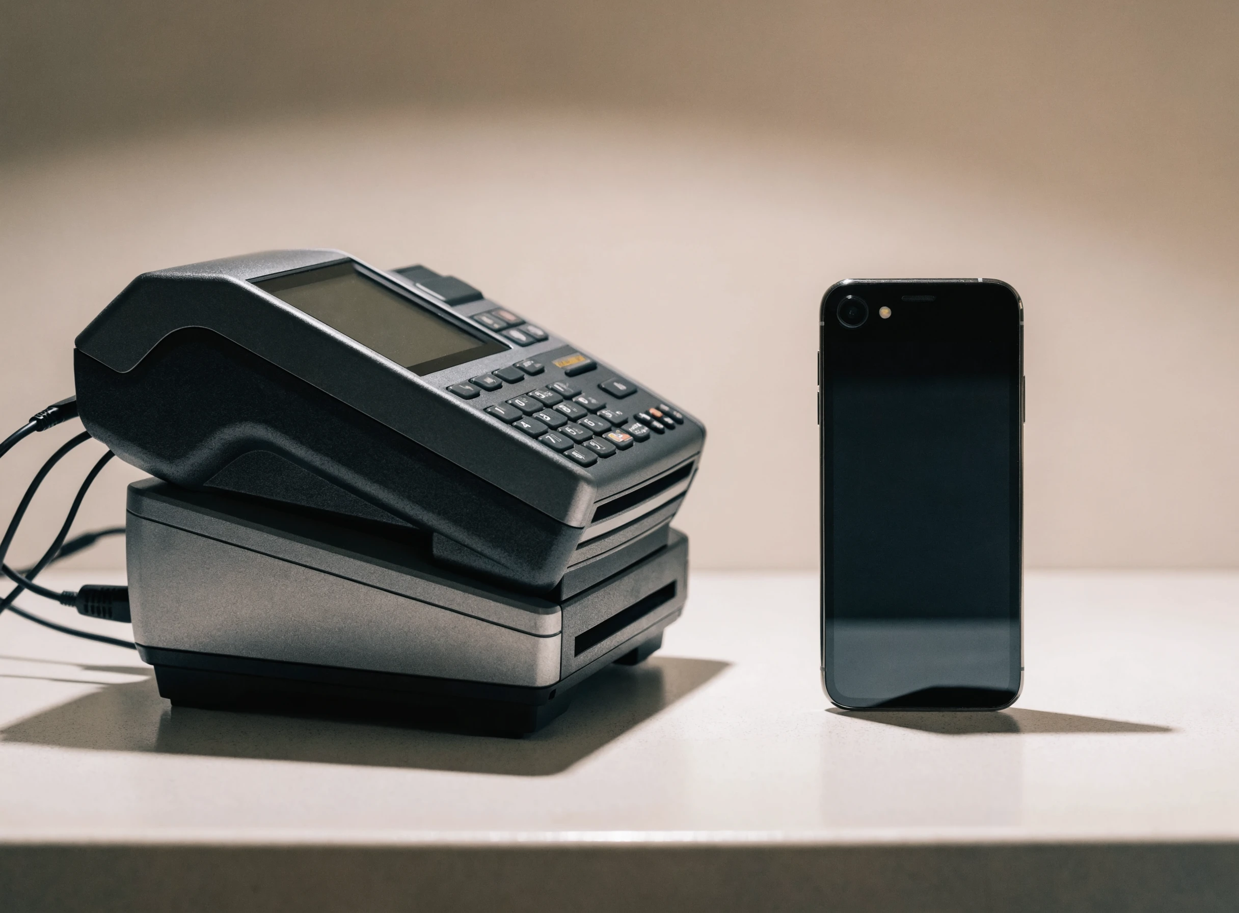 Terminal POS besar berbanding telefon pintar moden di atas kaunter
