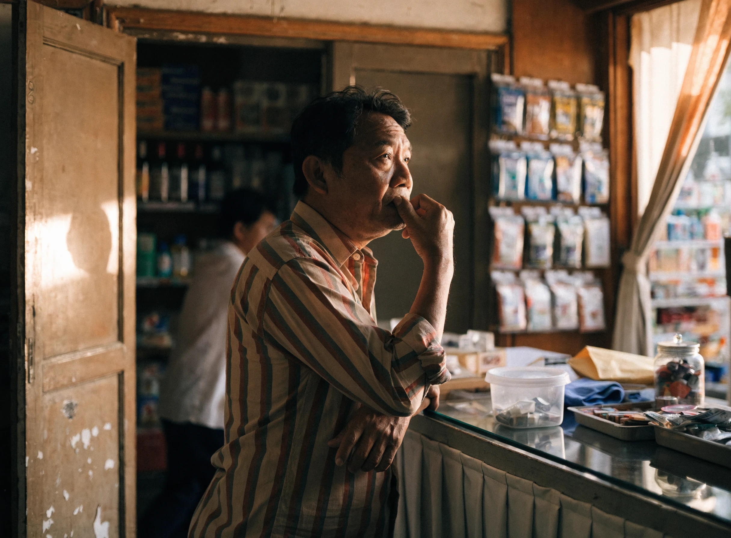 Pemilik kedai termenung memikirkan pilihan di kaunter
