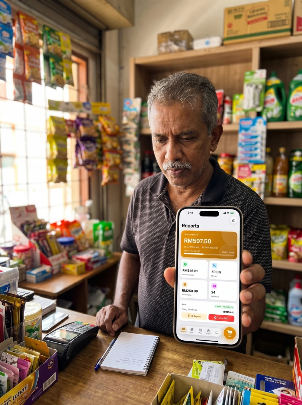 Skrin Laporan Pitis sebenar pada iPhone dipegang pemilik kedai