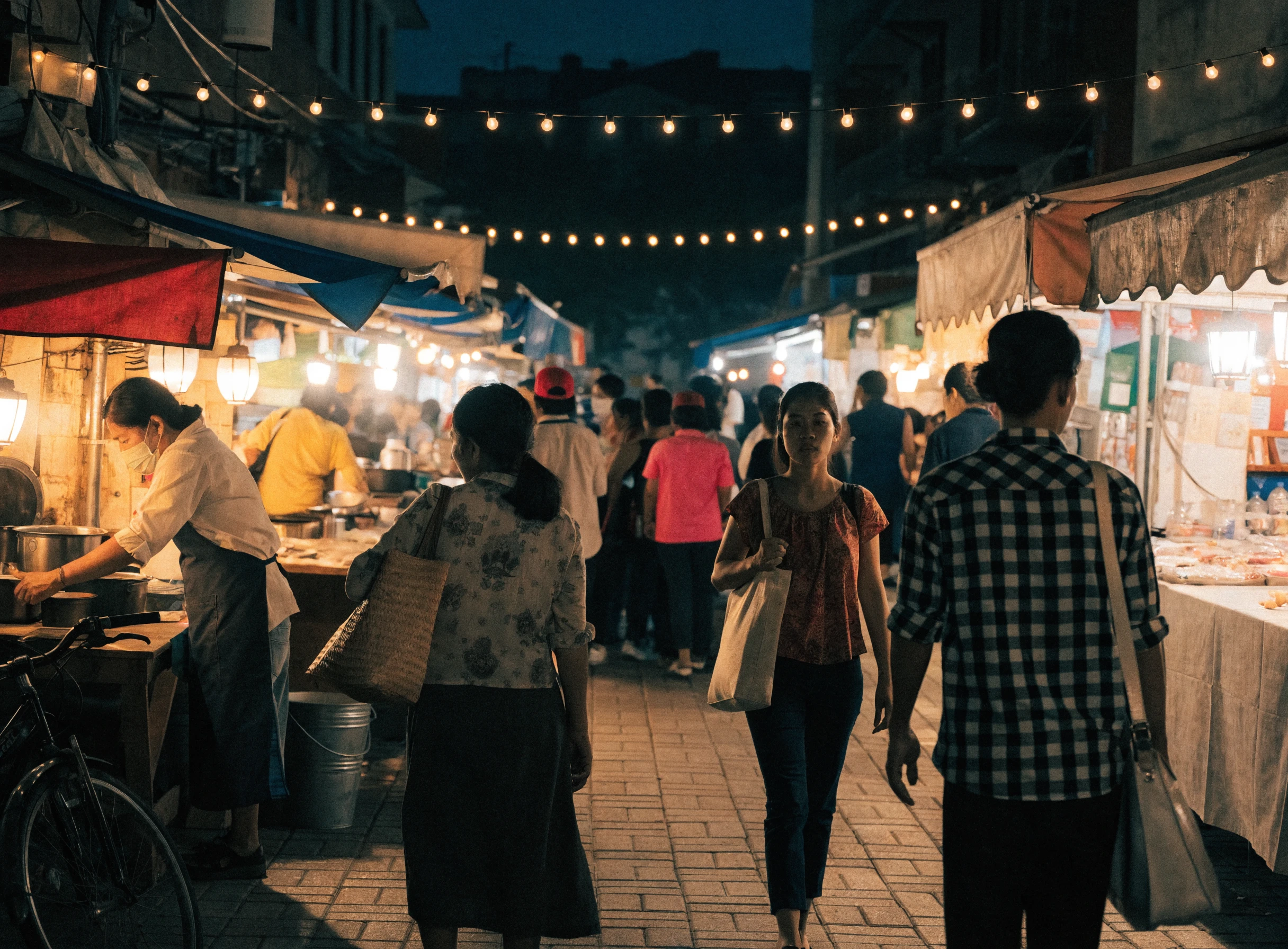 Lorong pasar malam yang sibuk dengan gerai makanan dan pengunjung