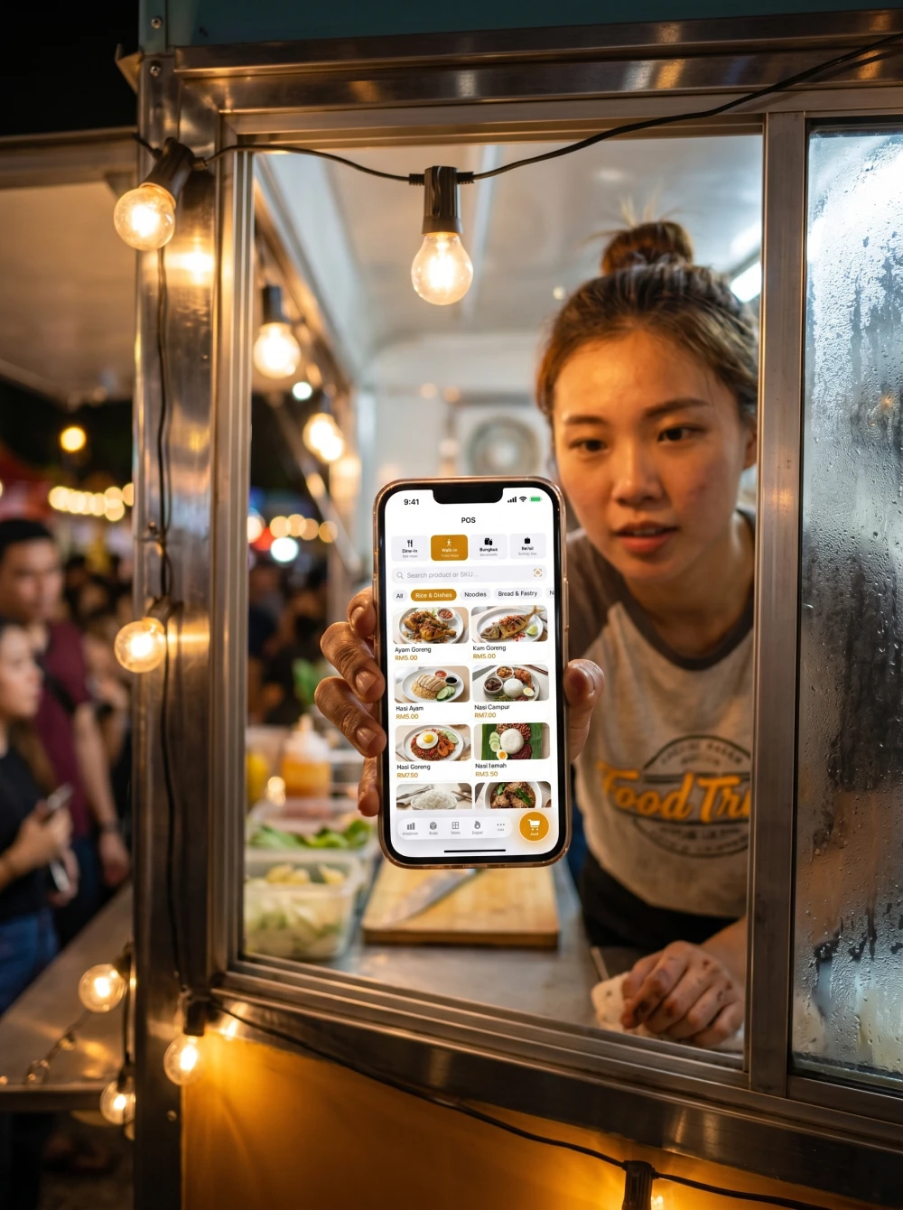 Skrin POS Pitis sebenar pada iPhone di tingkap food truck