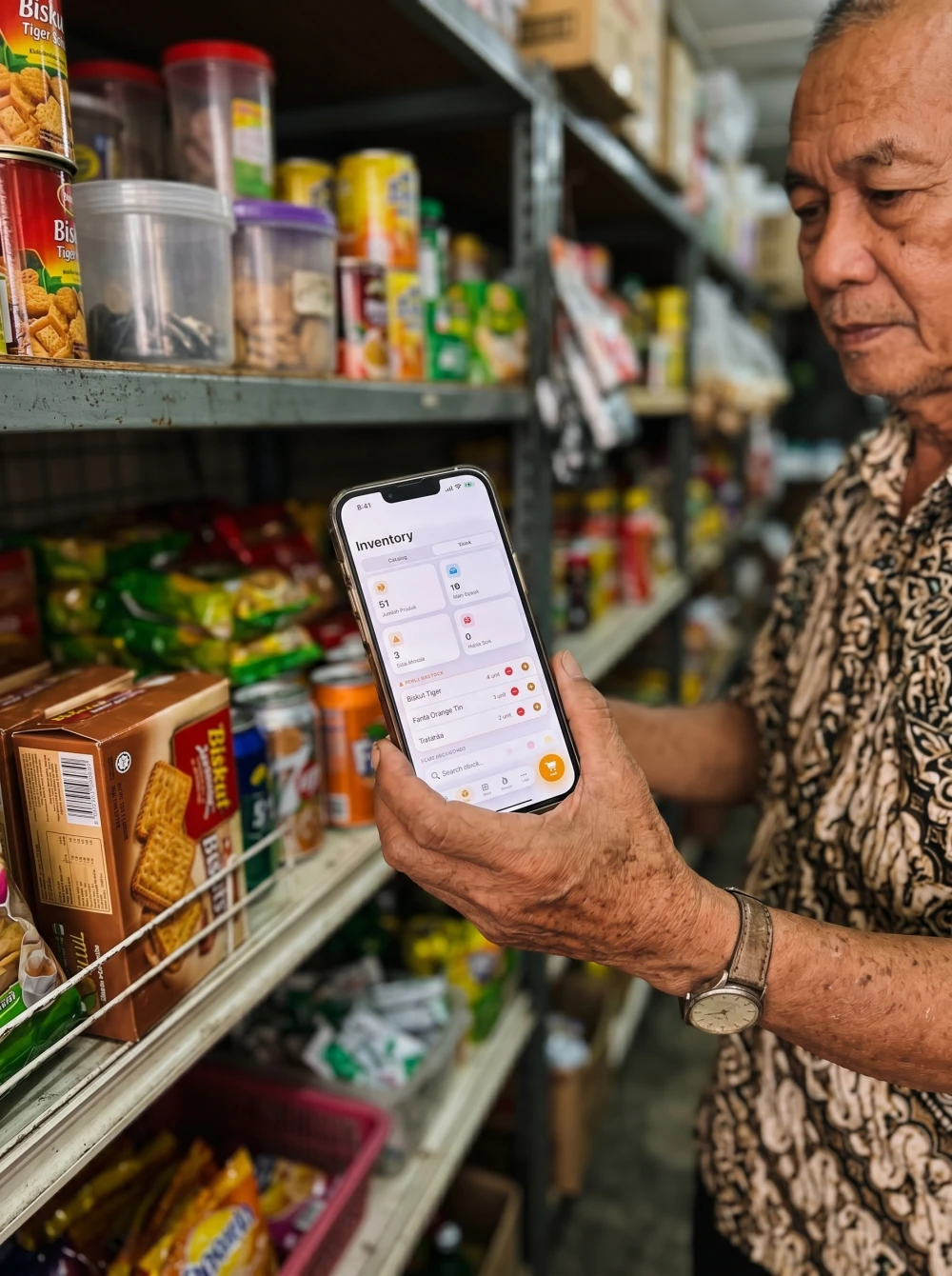 Skrin inventori/stok Pitis sebenar pada iPhone di kedai runcit