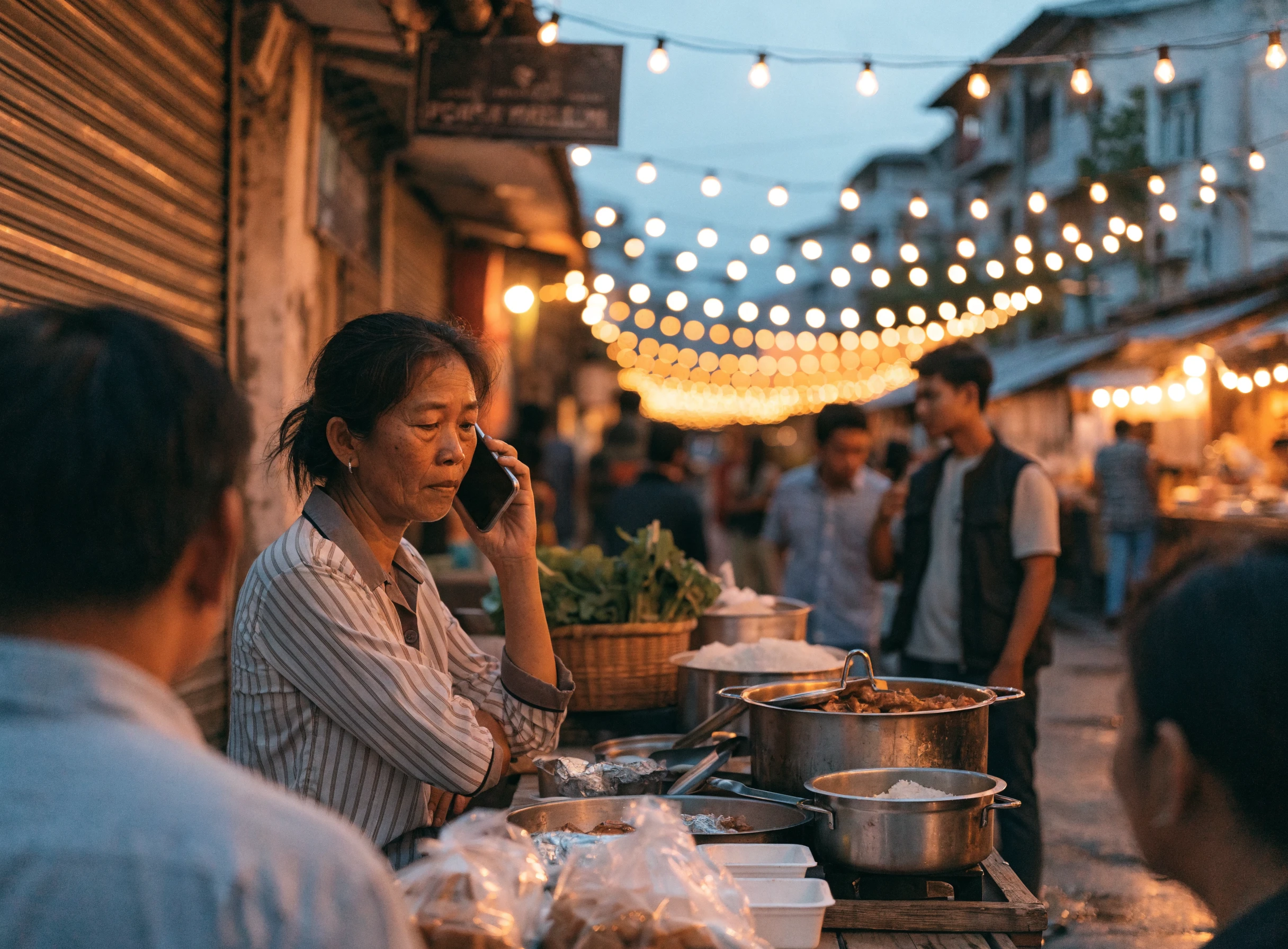 Gerai pasar malam waktu senja dengan liputan internet lemah