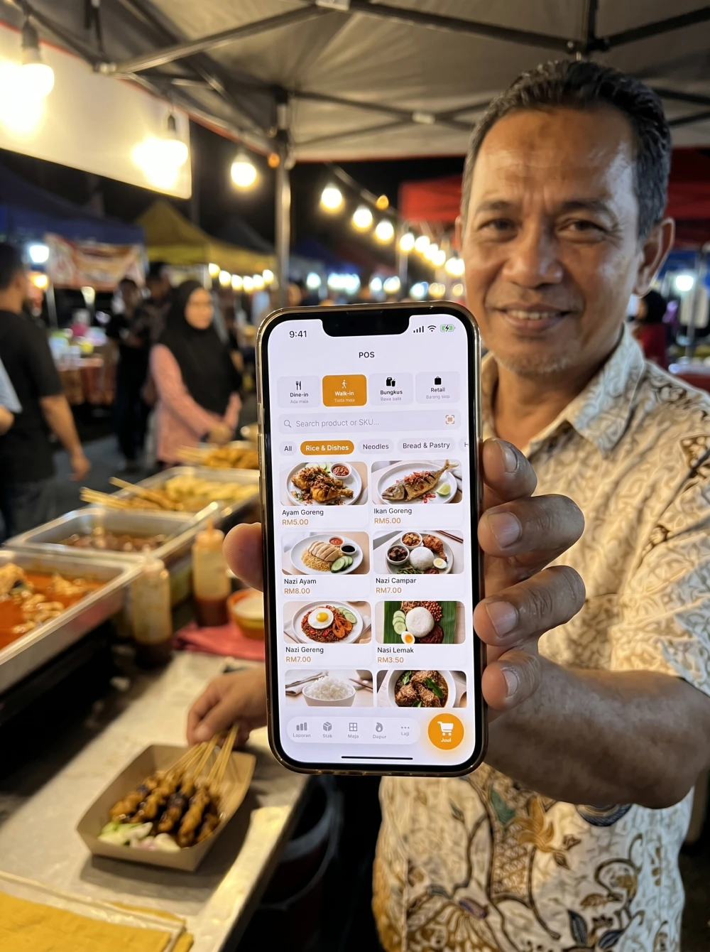 Skrin POS Pitis sebenar pada iPhone di gerai pasar malam