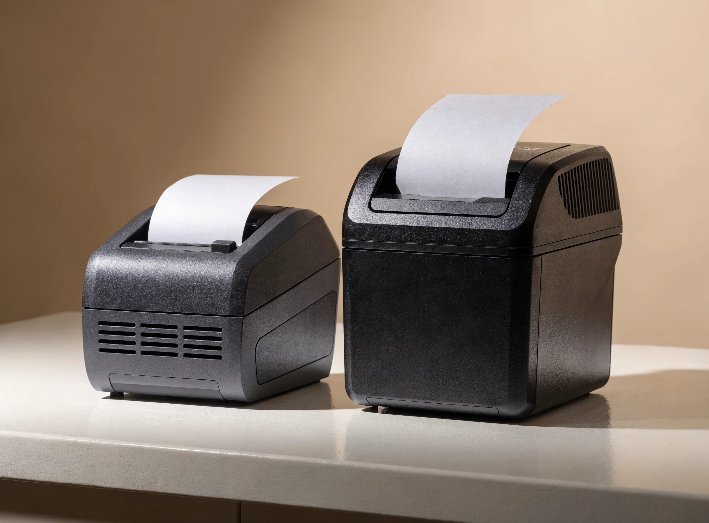 Dua printer thermal bersebelahan — satu kecil, satu lebih besar