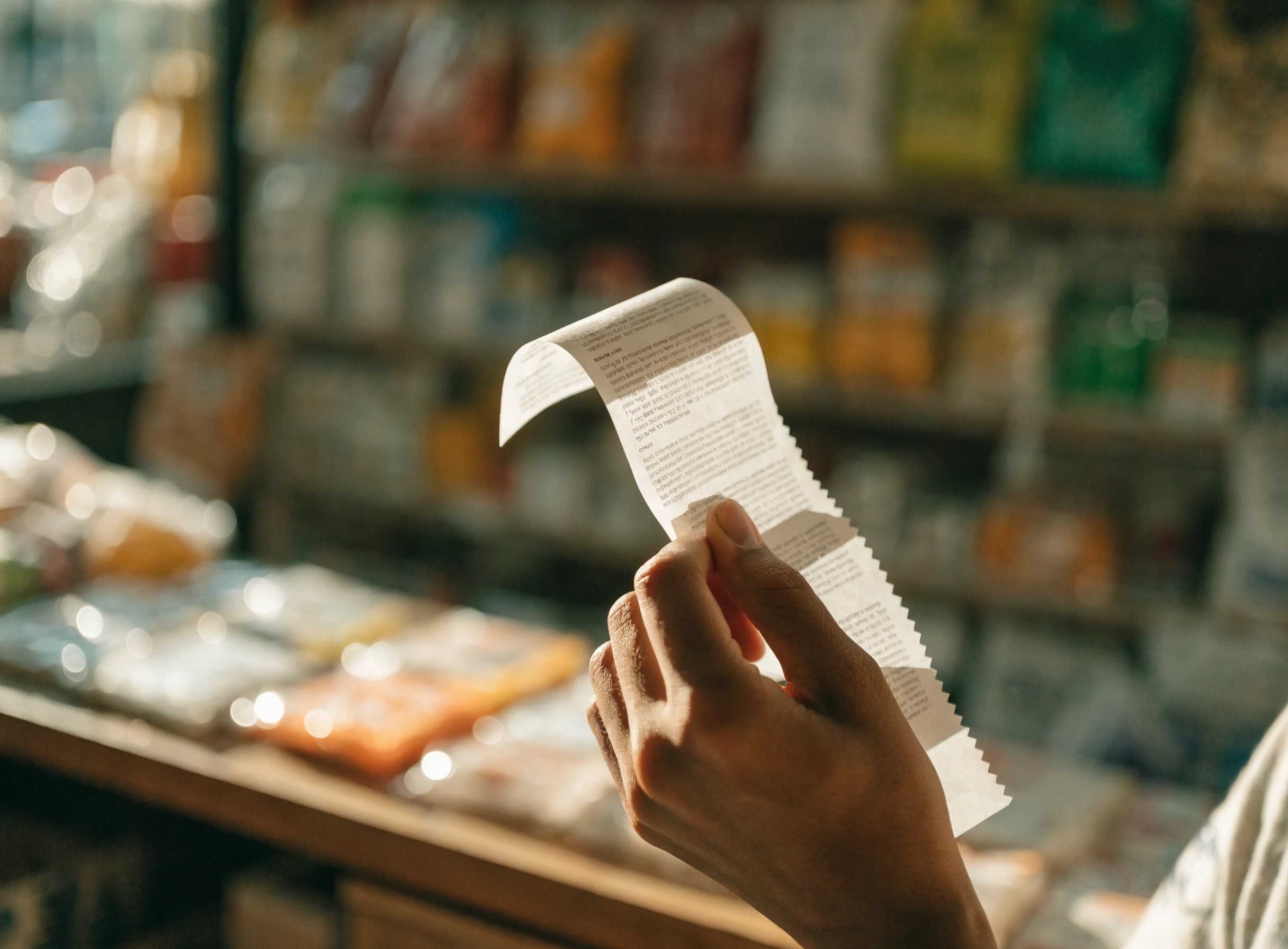 Resit kertas dipegang di kaunter kedai runcit Malaysia
