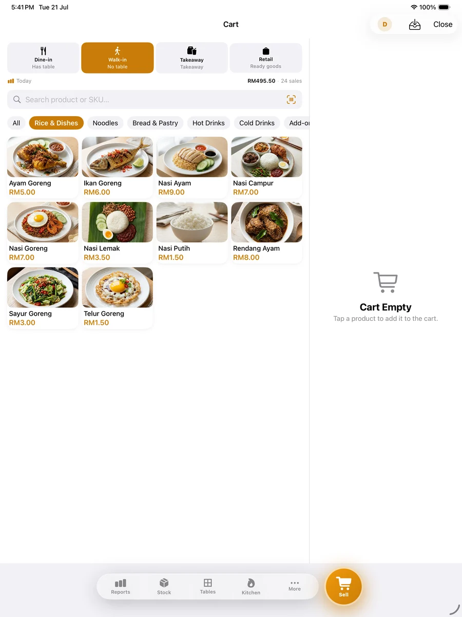 Pitis POS on iPad — dual-pane order and cart view