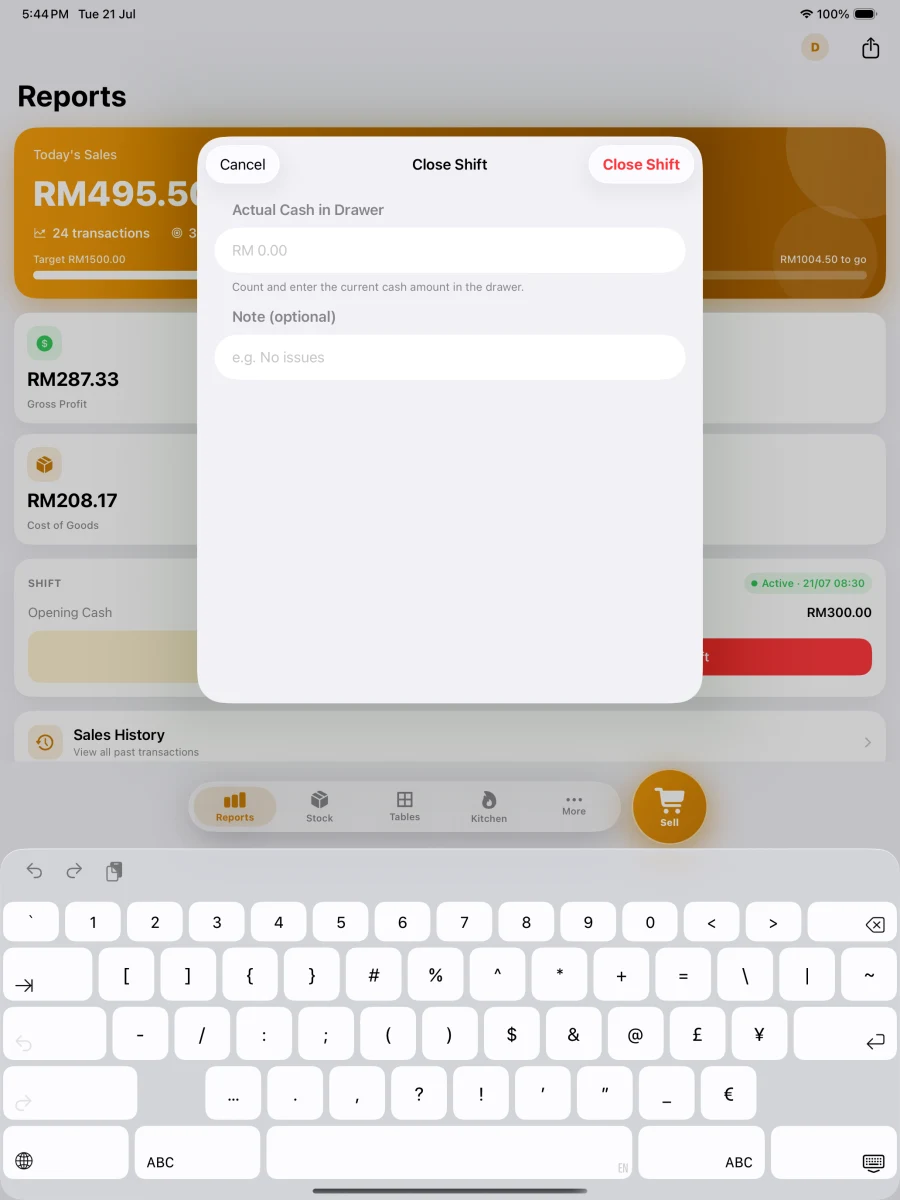 Pitis POS running on iPad — Close Shift