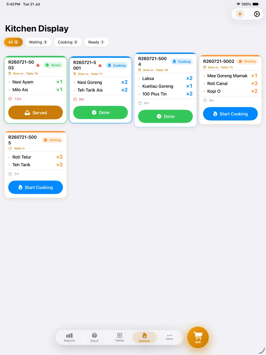 Pitis POS running on iPad — Kitchen Display