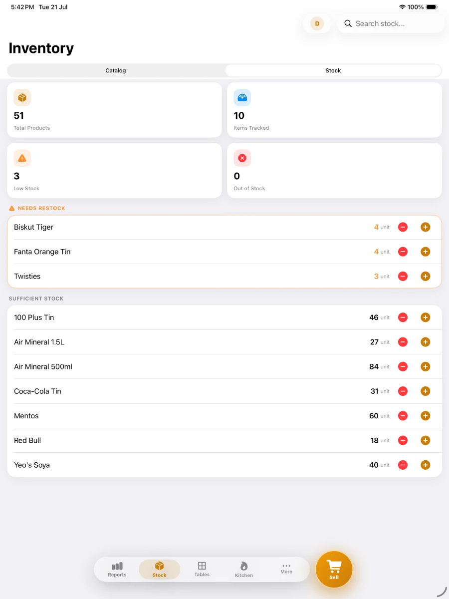 Pitis POS running on iPad — Stock Control