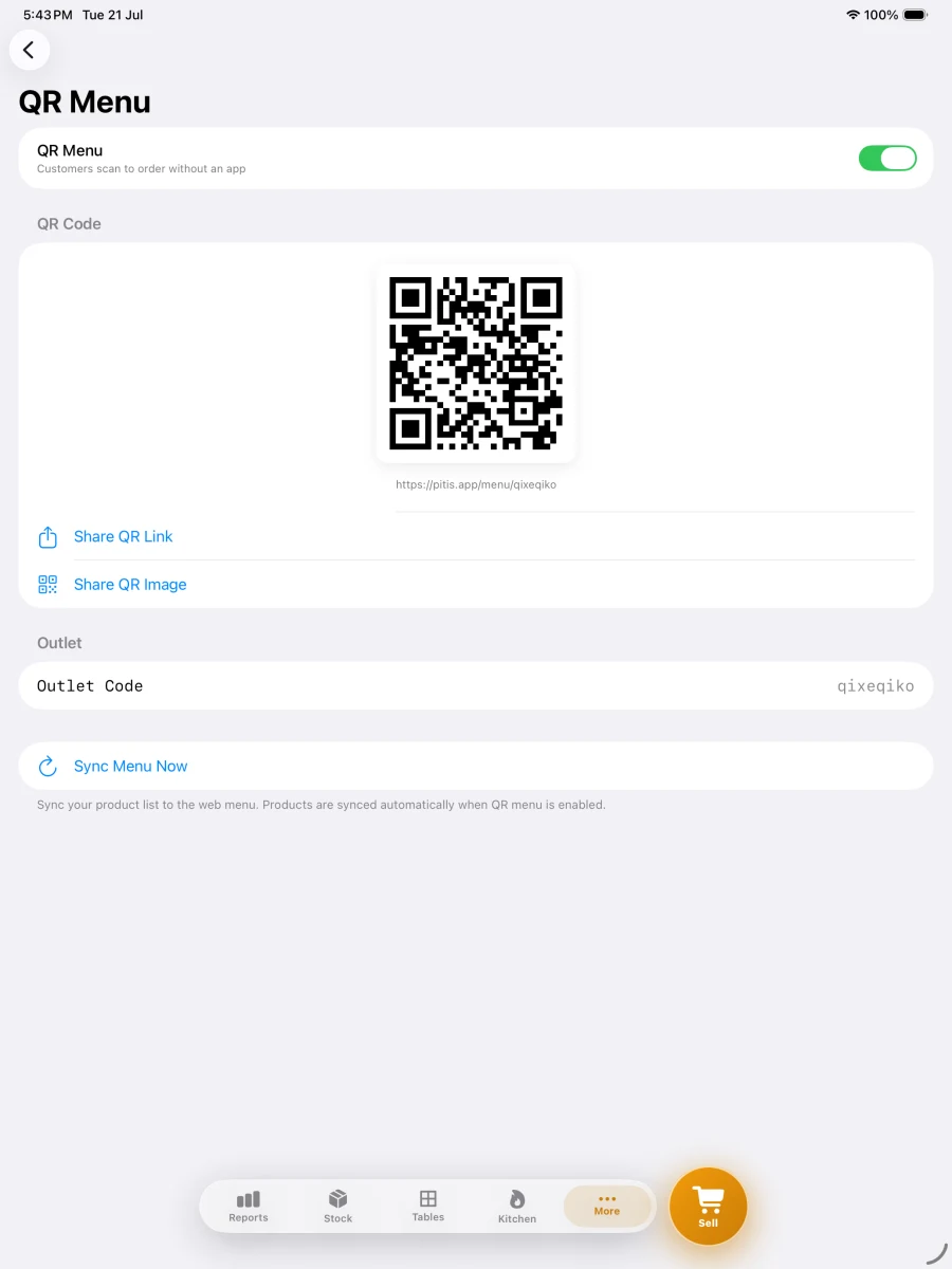 Pitis POS running on iPad — QR Self-Order