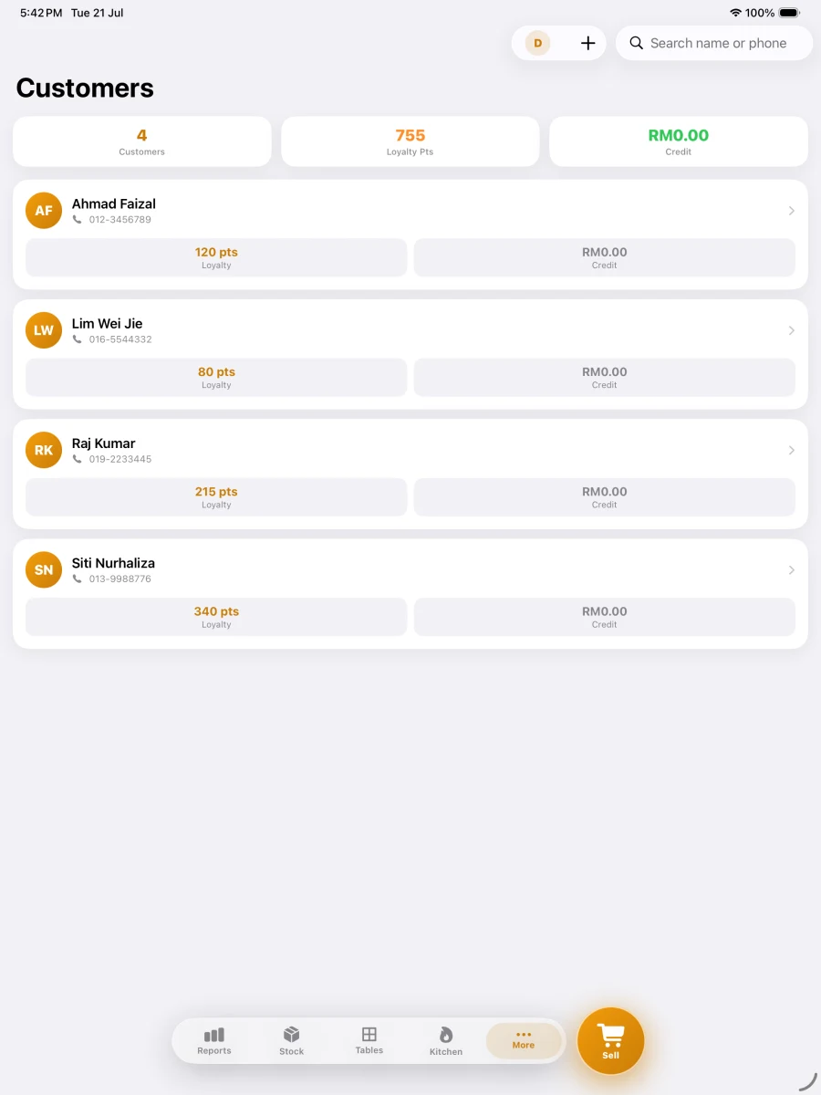 Pitis POS running on iPad — Customers & Loyalty