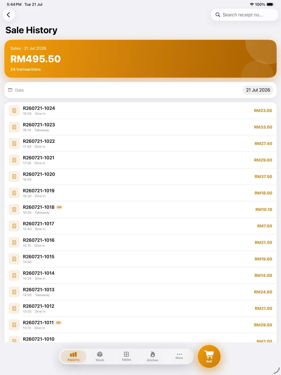 Pitis POS running on iPad — Sales History