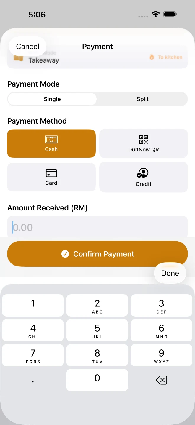 Pitis POS payment screen on iPhone — real in-app screenshot